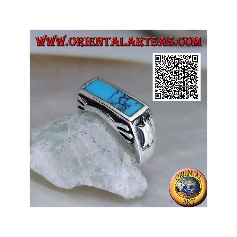 Bague rectangulaire en argent turquoise au ras du bord avec décoration lisse sur les quatre côtés