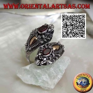 Nepalese dragon double head silver ring with oval garnet and 14 karat gold plate, handmade