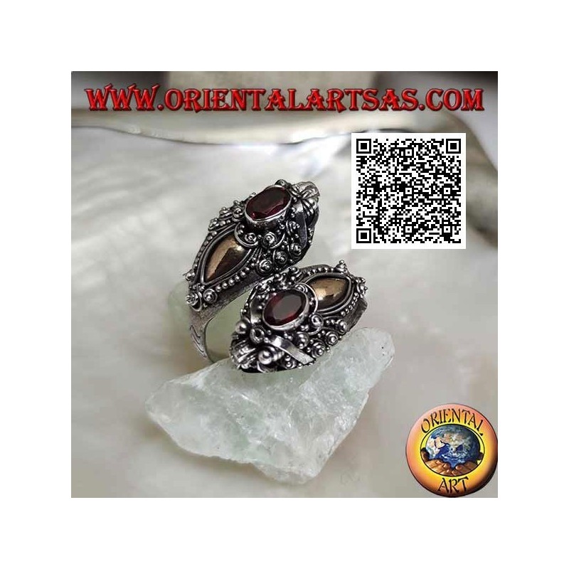 Bague en argent à double tête de dragon népalais avec grenat ovale et plaque en or 14 carats, fait main