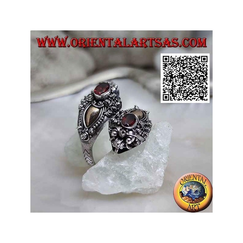 Anillo de plata de doble cabeza de dragón nepalí con granate ovalado y placa de oro de 14 quilates, hecho a mano