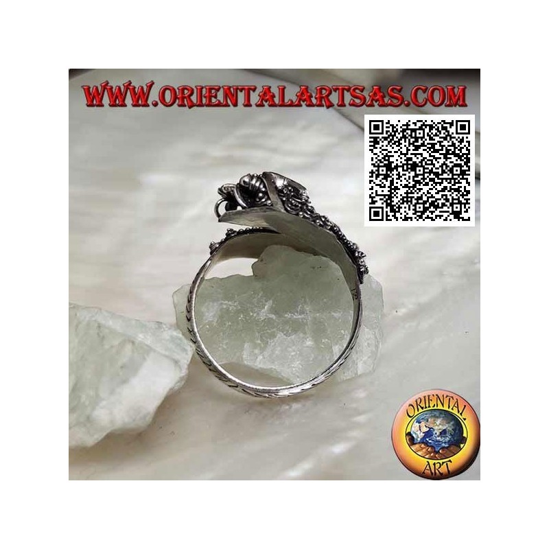 Silberring aus nepalesischem Drachen mit Doppelkopf und ovalem Granat und 14 Karat Goldplatte, handgefertigt