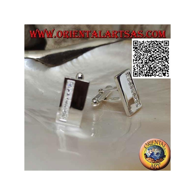 Gemelli per camicia da polso in argento 925‰ rettangolari lisci con fascia di zirconi bianchi