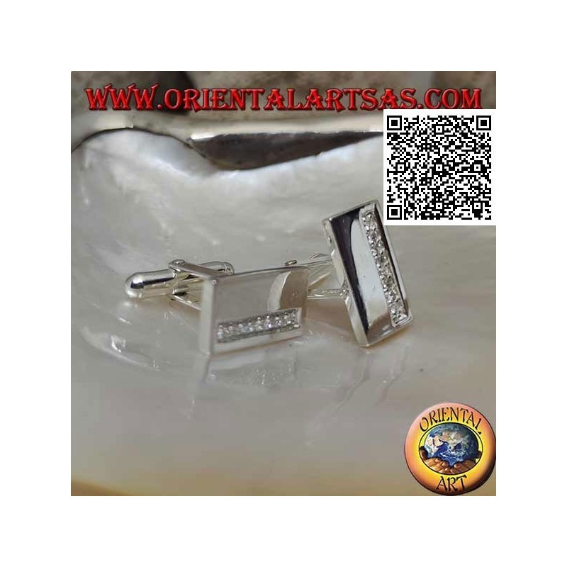 Gemelos rectangulares lisos en plata 925 ‰ con banda de circonitas blancas