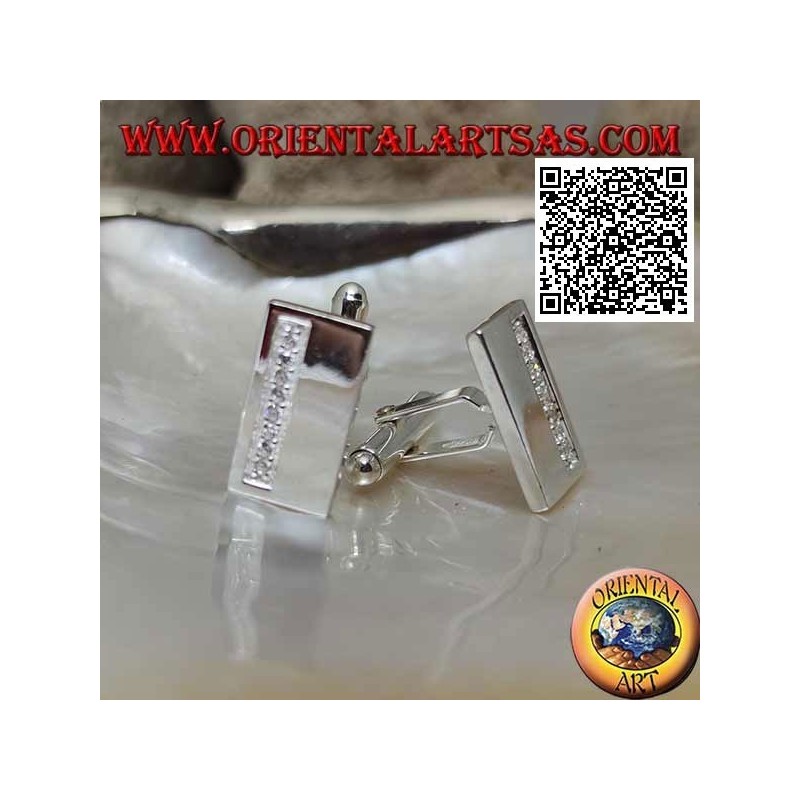 Gemelli per camicia da polso in argento 925‰ rettangolari lisci con fascia di zirconi bianchi