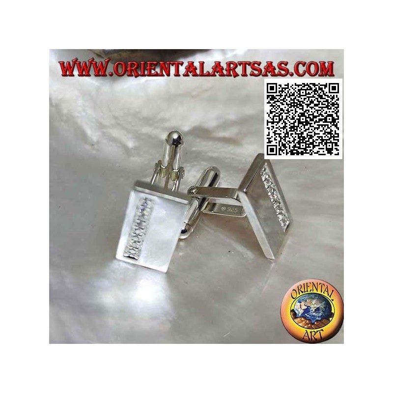 Boutons de manchette rectangulaires lisses en argent 925 ‰ avec bande de zircons blancs