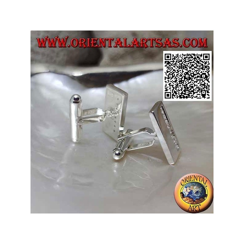Gemelli per camicia da polso in argento 925‰ rettangolari lisci con fascia di zirconi bianchi