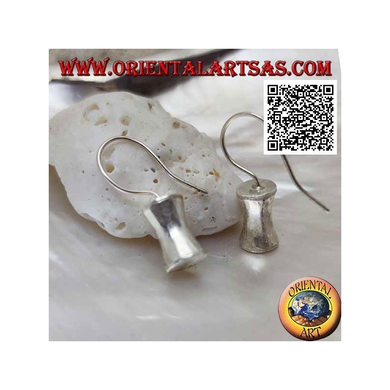 Satin silver pendant earrings with concave cylinder in the central part