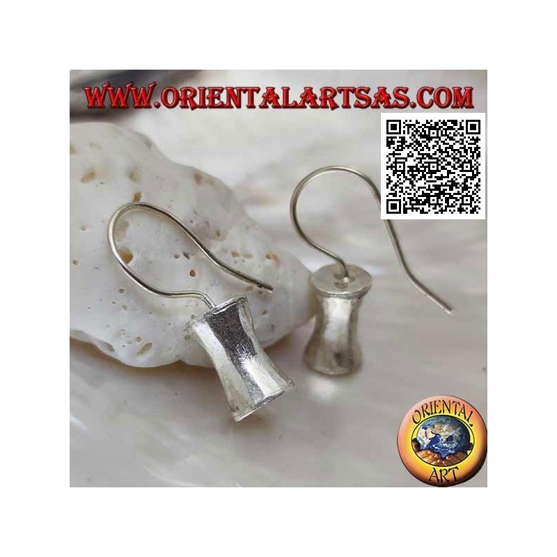 Satin silver pendant earrings with concave cylinder in the central part