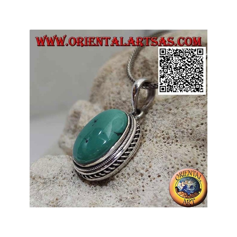Colgante de plata con óvalo de cabujón turquesa antiguo rodeado de tejido helicoidal