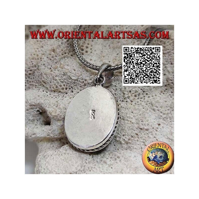 Pendentif en argent avec cabochon turquoise antique ovale entouré d'un tissage hélicoïdal