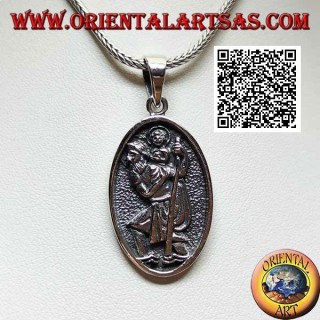 Silver pendant, sacred oval medal with St. Christopher with stick and child in bas-relief