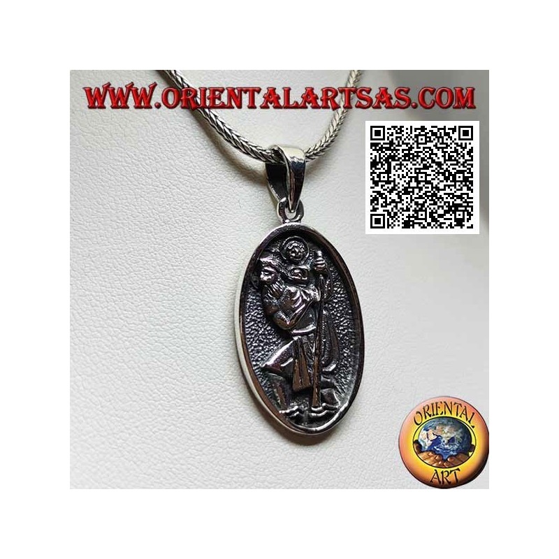 Silver pendant, sacred oval medal with St. Christopher with stick and child in bas-relief
