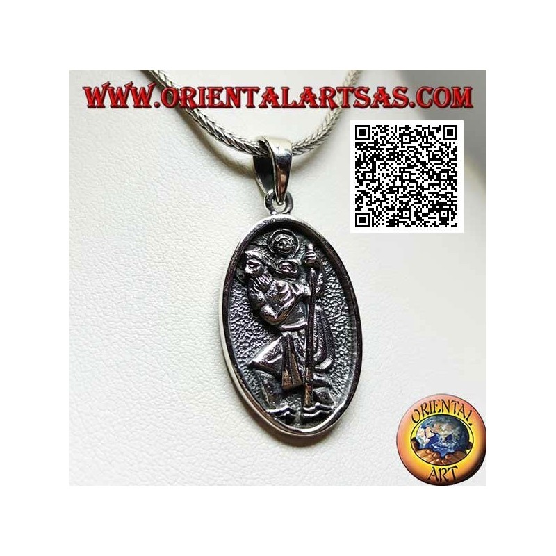 Silver pendant, sacred oval medal with St. Christopher with stick and child in bas-relief