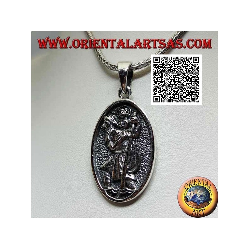 Silver pendant, sacred oval medal with St. Christopher with stick and child in bas-relief