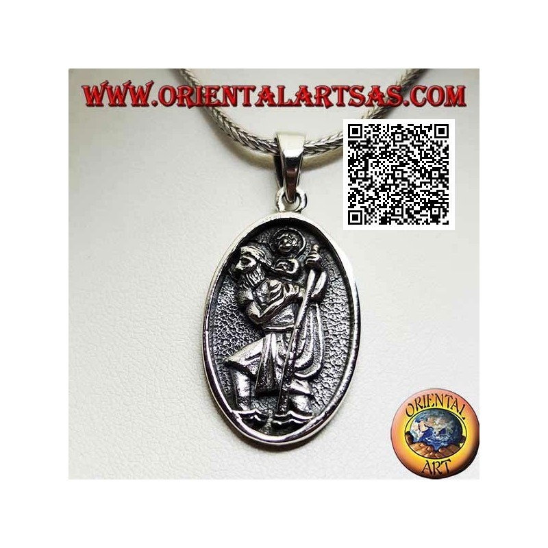 Silver pendant, sacred oval medal with St. Christopher with stick and child in bas-relief
