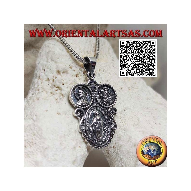 Colgante de plata medalla "aparición de la Virgen" bajo el Cristo coronado y San Cristóbal