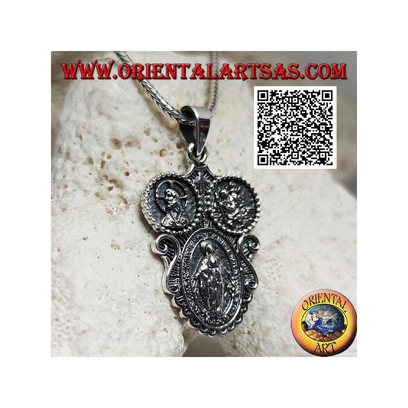 Colgante de plata medalla "aparición de la Virgen" bajo el Cristo coronado y San Cristóbal