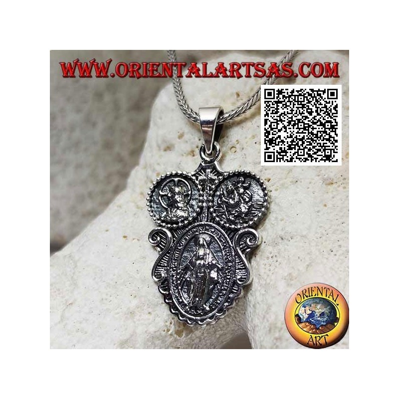 Ciondolo in argento medaglia "apparizione della Madonna" sotto il Cristo incoronato e San Cristoforo