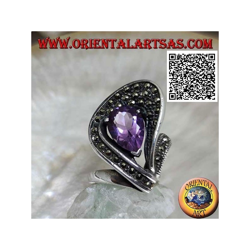 Anillo de plata en forma de abanico tachonado de marcasita con amatista gota sintética engastada en el centro