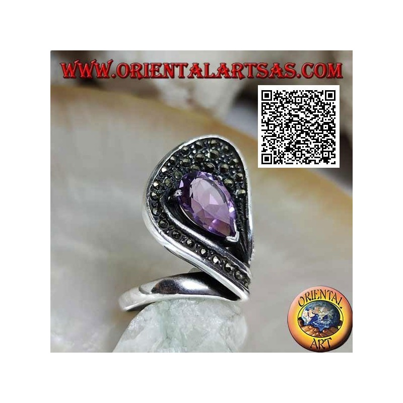 Anello in argento a ventaglio tempestato di marcassite con ametista di sintesi a goccia incastonata al centro