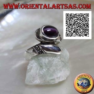 Silver ring with juxtaposed band with purple cat's eye chrysoberyl and marcasite bands