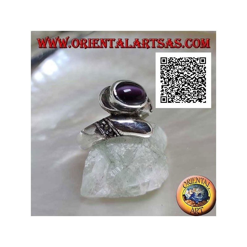 Silver ring with juxtaposed band with purple cat's eye chrysoberyl and marcasite bands