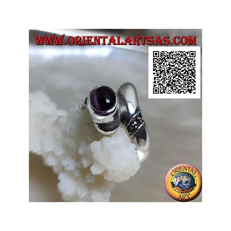 Silver ring with juxtaposed band with purple cat's eye chrysoberyl and marcasite bands