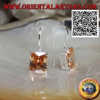 Silver pendant earrings with rectangular champagne zircon set on a smooth frame with side openings