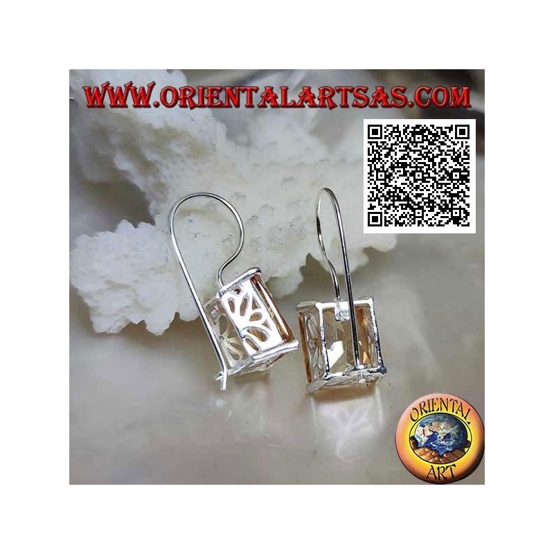 Silver pendant earrings with rectangular champagne zircon set on a smooth frame with side openings