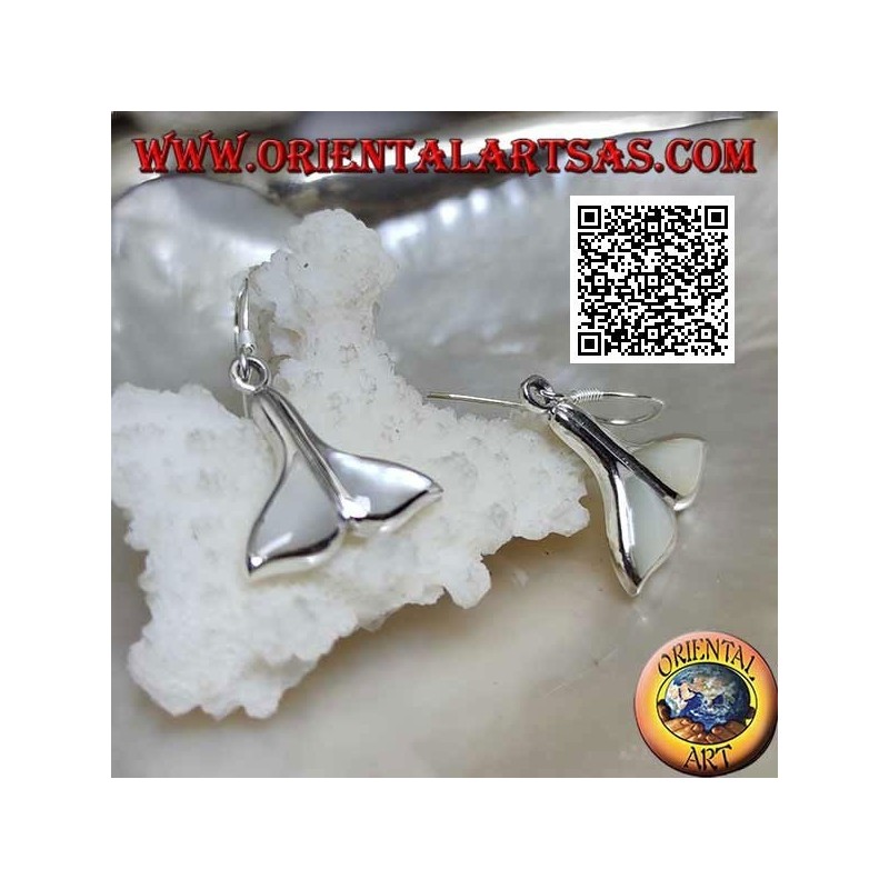 Silver earrings in the shape of a whale tail with mother of pearl