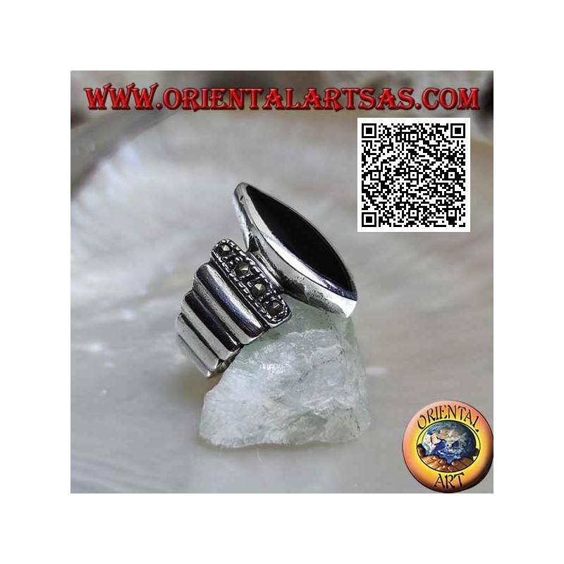 Silver ring with smooth vertical bands studded with marcasite with central shuttle onyx