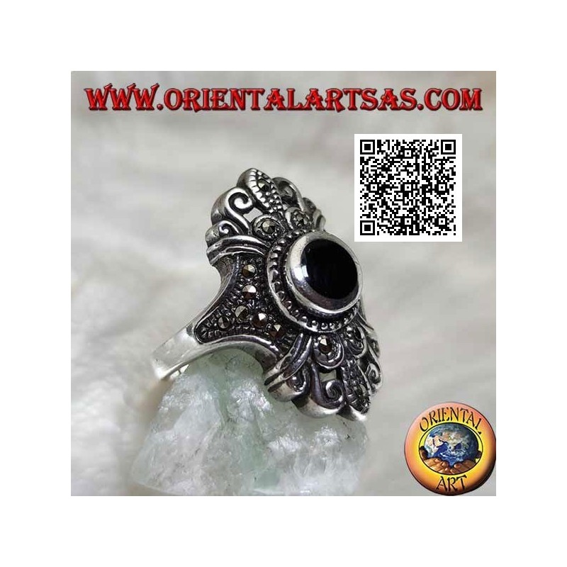 Silver ring with round onyx on a Florentine setting studded with marcasite