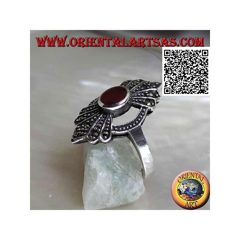Silver ring with round carnelian in the circle with a 5-shaped fan of marcasite above and below