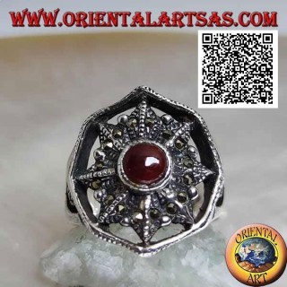 Silver ring with carnelian on eight-pointed star studded with marcasite in the circle