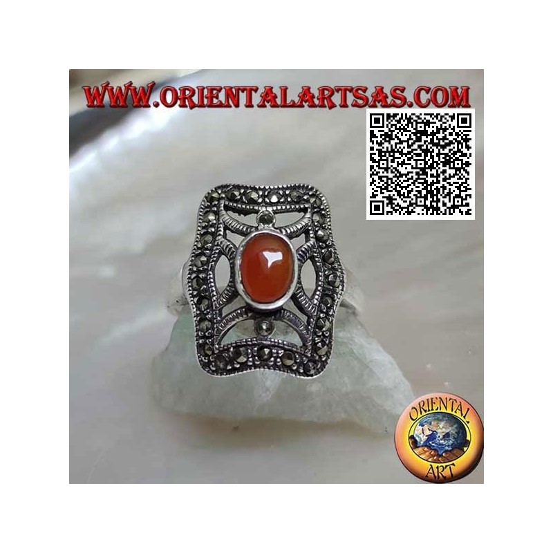 Silver ring with oval carnelian on cross in the irregular rectangle studded with marcasite
