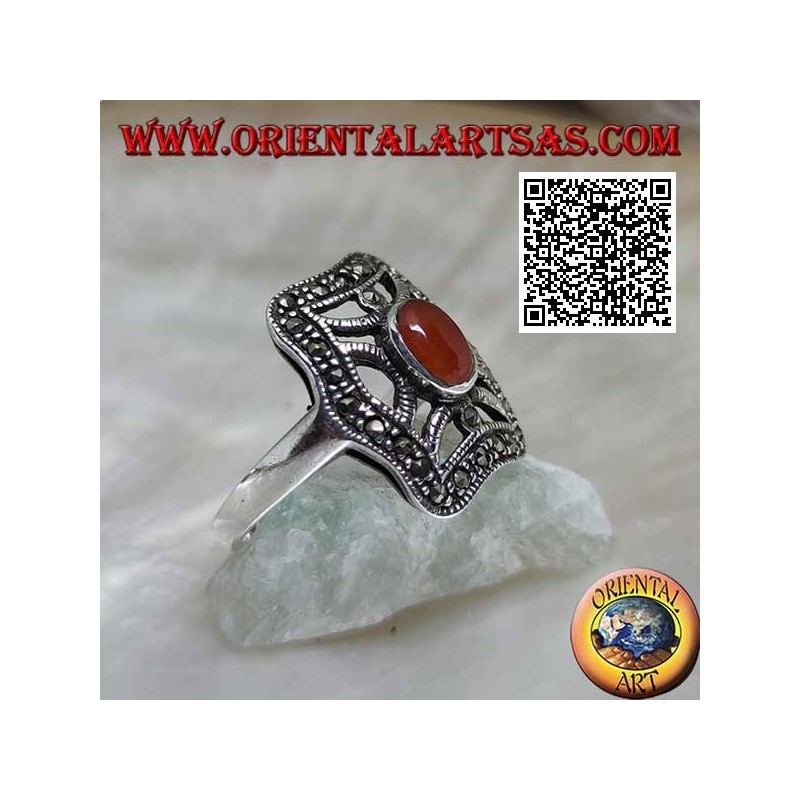 Silver ring with oval carnelian on cross in the irregular rectangle studded with marcasite
