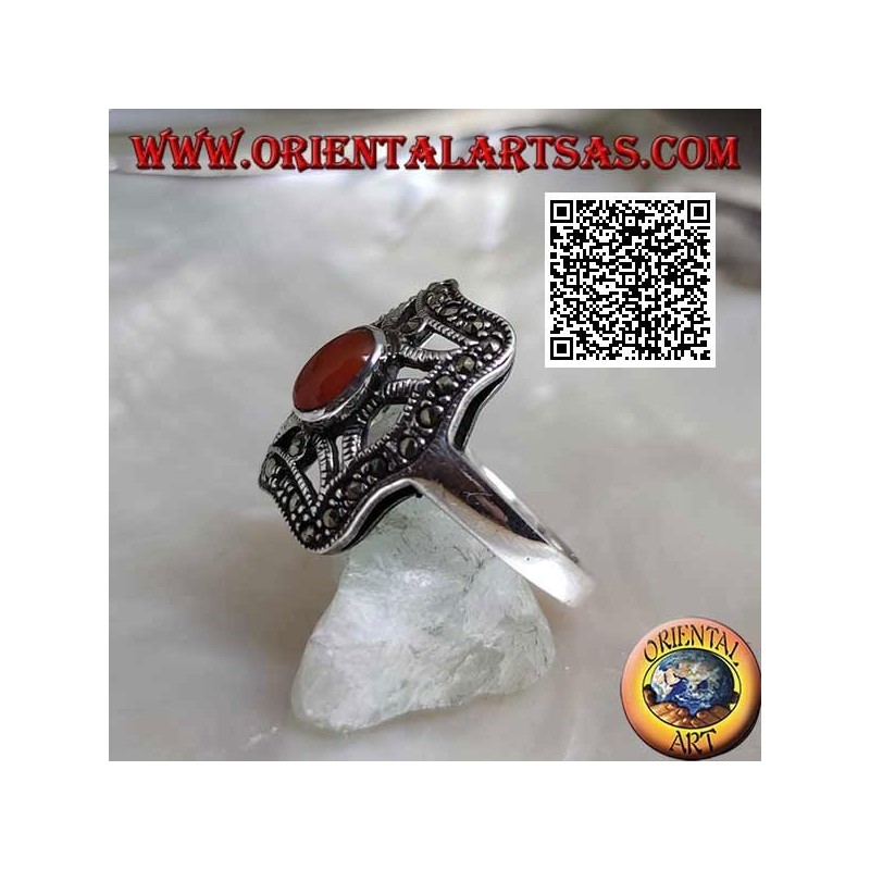 Silver ring with oval carnelian on cross in the irregular rectangle studded with marcasite