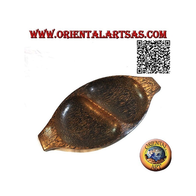 Pocket emptier oval tray with double compartment in coconut wood