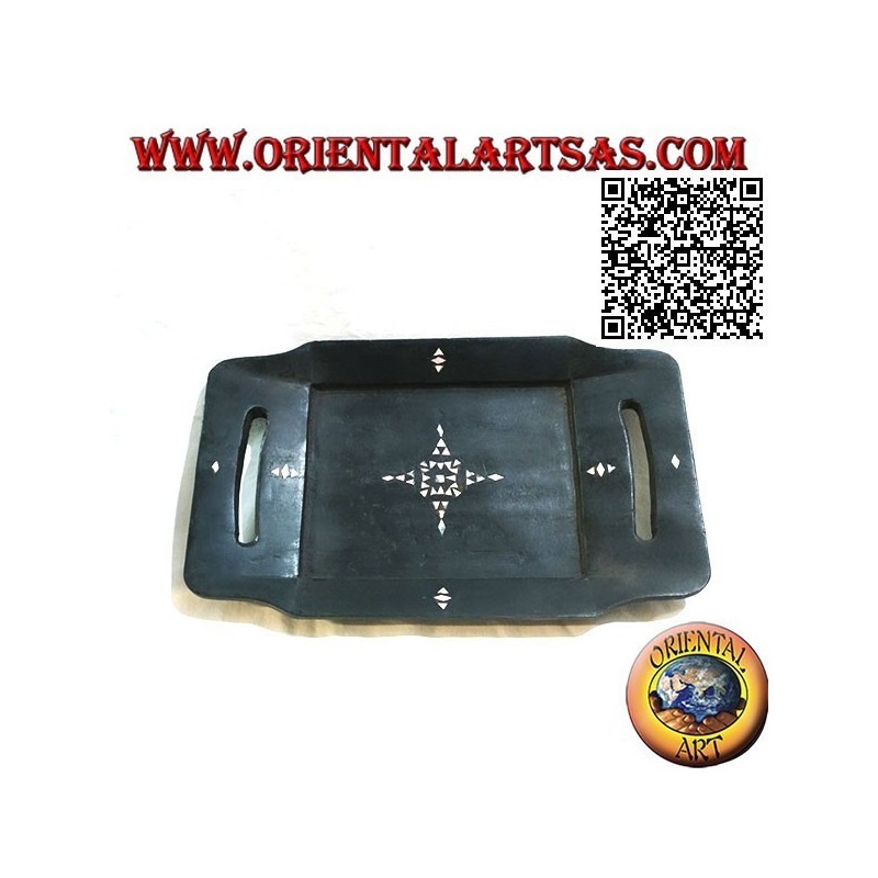 Pocket emptier Lombok rectangular tray in mahogany wood with handles and mother-of-pearl inlays