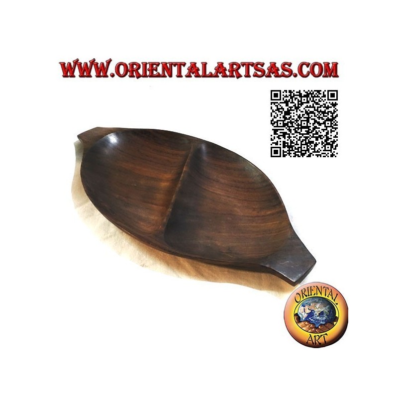 Pocket emptier oval tray with double compartment in teak wood