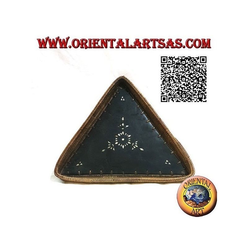 Lombok triangular tray valet tray in mahogany wood, wicker edge and mother-of-pearl inlays (large)