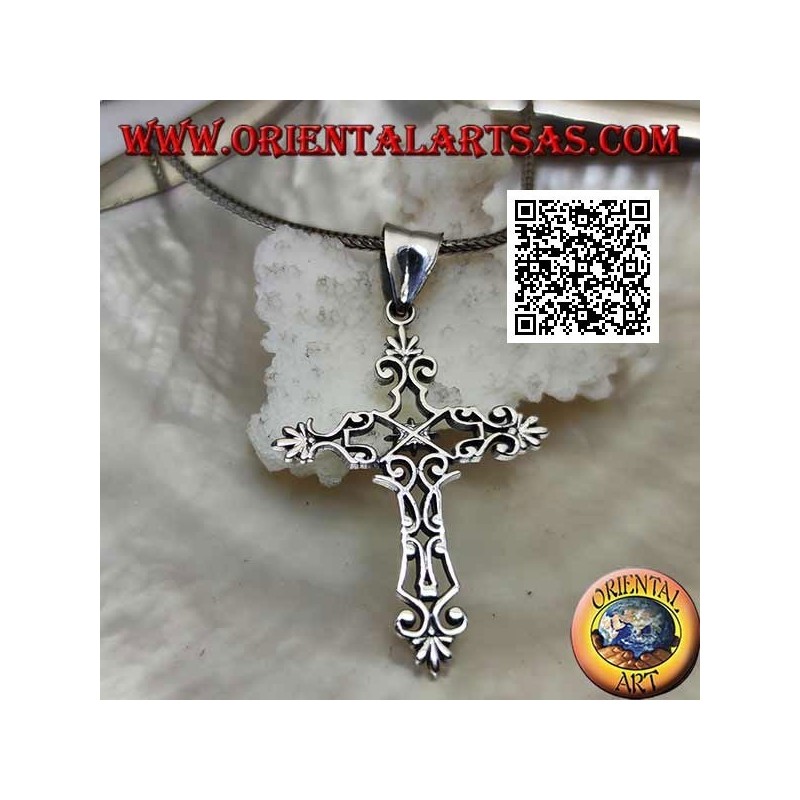 Silver Byzantine cross pendant with openwork decoration and lily-shaped terminations