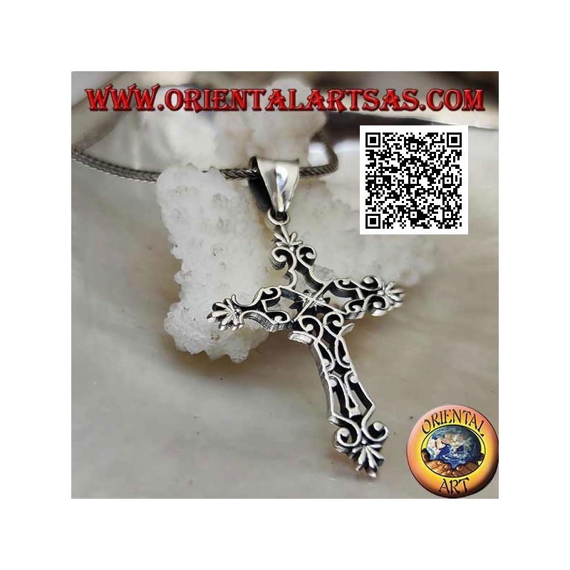 Silver Byzantine cross pendant with openwork decoration and lily-shaped terminations