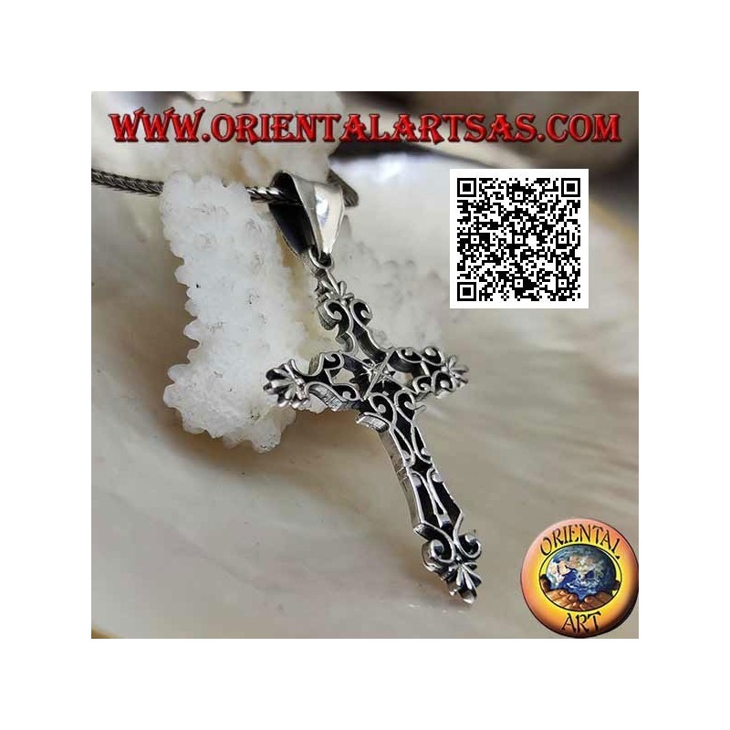 Silver Byzantine cross pendant with openwork decoration and lily-shaped terminations