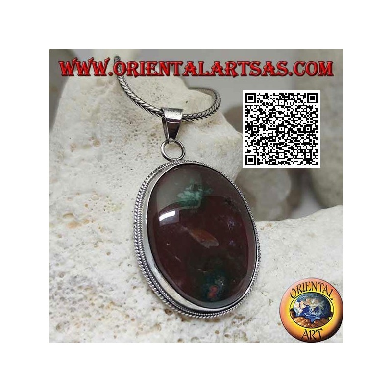 Pendentif en argent avec grand jaspe rouge bréchique ovale entouré de tissage