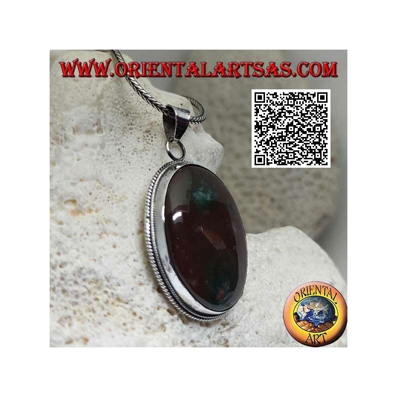 Silver pendant with large oval brecciated red jasper surrounded by weaving