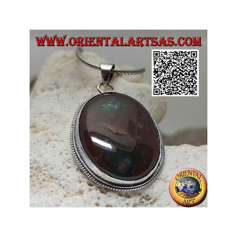 Silver pendant with large oval brecciated red jasper surrounded by weaving