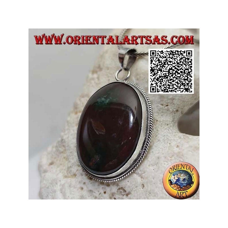 Pendentif en argent avec grand jaspe rouge bréchique ovale entouré de tissage