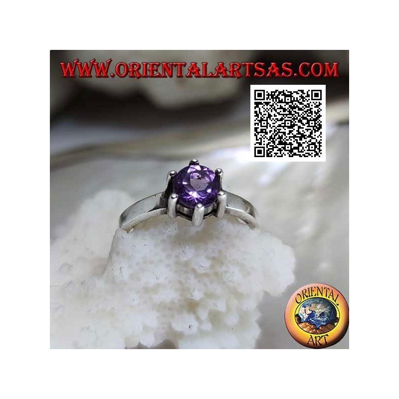 Rhodiumsilberring im Solitaire-Stil mit facettiertem, rundem Amethyst-Set