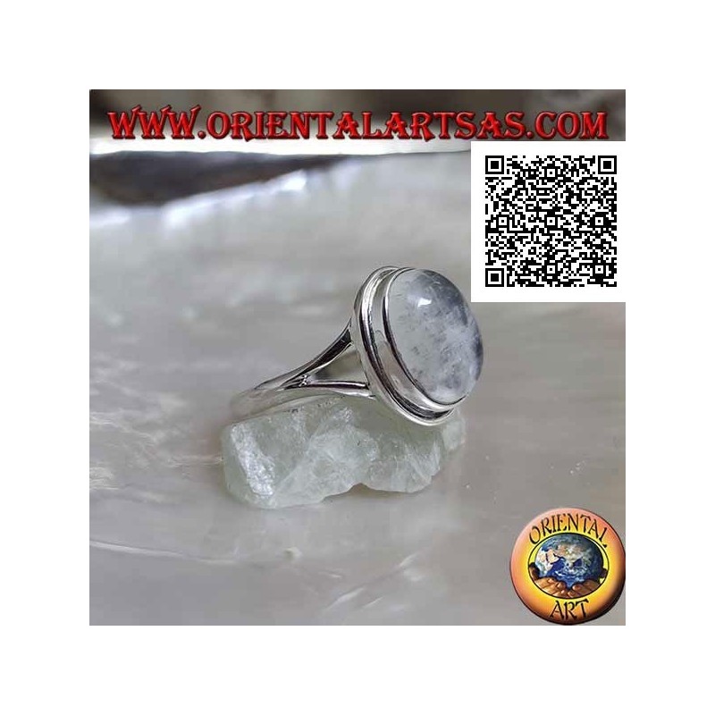 Silver ring with cabochon oval moonstone on simple setting and triangular fretwork on the sides